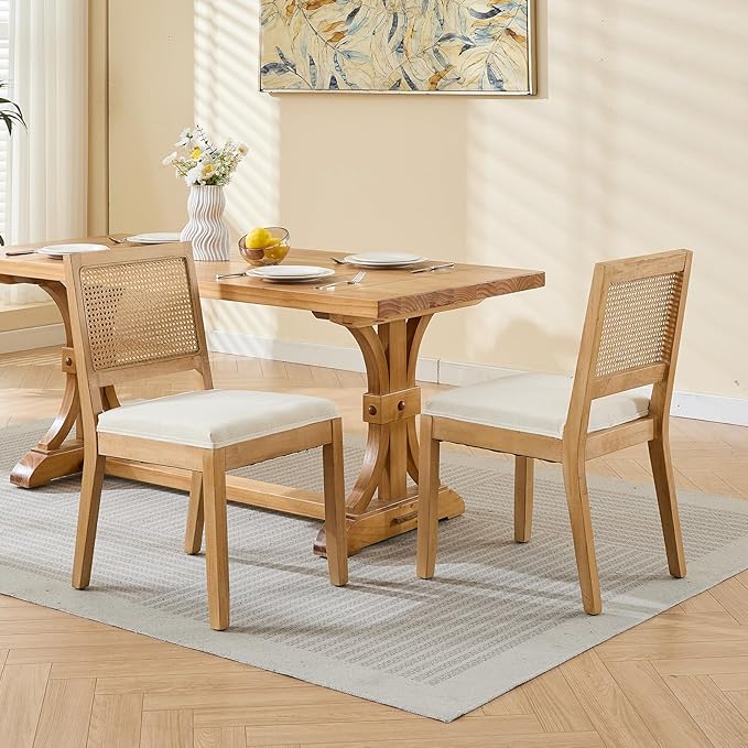 Vintage French Country Dining Chairs Set of 2, Rattan Dining Chairs with a Low Square Back, Beige Upholstered Dining Chair, Sillas para Comedor, Kitchen & Dining Room Chair (Beige, Rattan, 2Pcs)