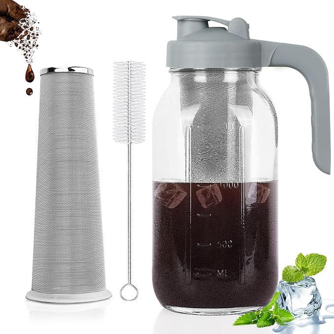 Cold Brew Coffee Maker Pitcher,64 Oz Heavy Duty Glass Mason Jar Pitcher with V-shaped Pour Spout Handle Lid,Stainless Steel Filter for Iced Coffee,Iced tea,Fruit Drinks,lemonade - Gray
