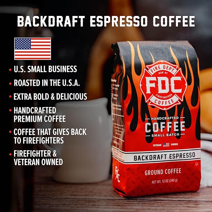Fire Department Coffee - Gives Back to Firefighters - Backdraft Espresso Ground Coffee - Smooth & Rich - Roasted in the USA - Handcrafted with Premium Coffee Beans - Veteran Owned - 12 oz