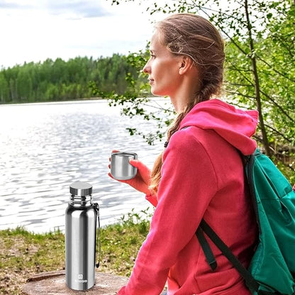 Insulated vacuum Thermo Bottle 1000ml/33.8oz with cup Stainless steel coffee bottles for hot and cold drink water flask.(Silver,1000ml)