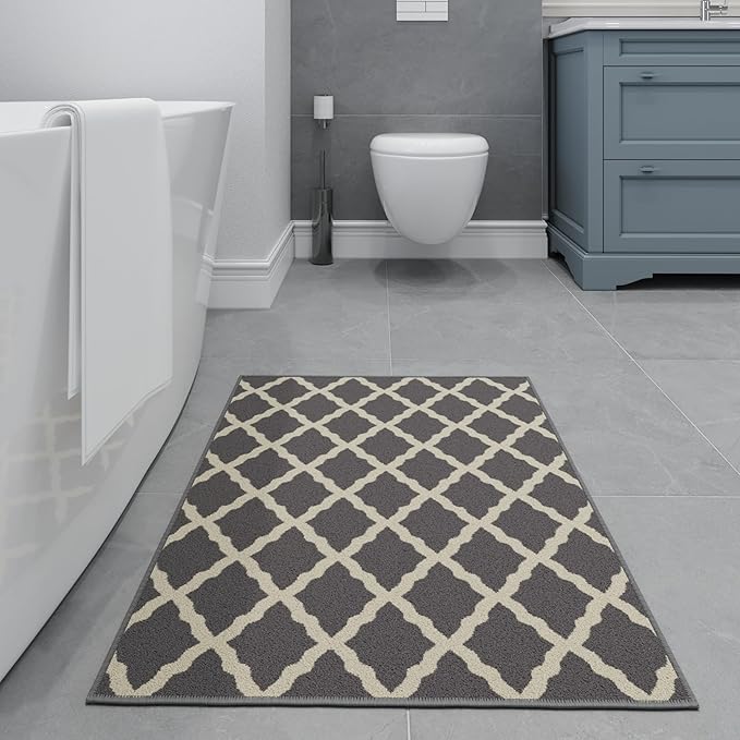 Ottomanson Rugs for Entryway 2'3" x 3' Non Slip Trellis Small Area Rugs Durable Front Door Mat Rug Stain Resistant Entrance Rugs for Bathroom Kitchen Bedroom & Living Room, Gray