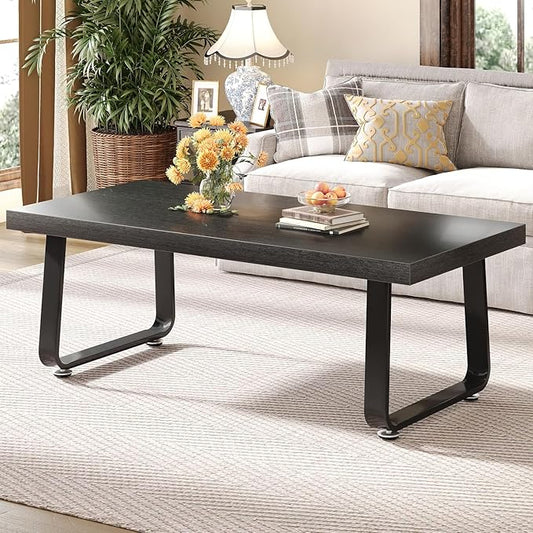 HSH Black Coffee Table, Industrial Wood and Metal Legs Center Table, Modern Minimalist Rectangle Cocktail Table for Living Room, Farmhouse Wooden Tea Table for Bedroom Home Office, Black Oak, 47 Inch