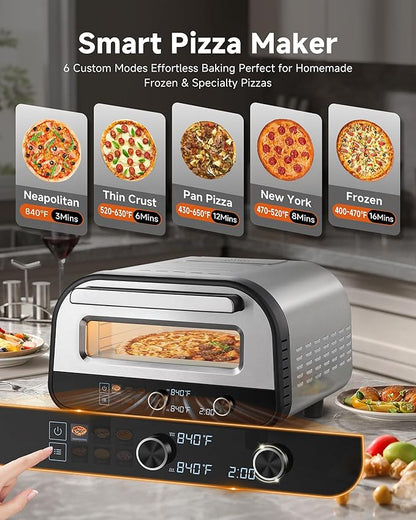 Upgraded indoor Pizza Oven 12 Inch Electric Countertop Pizza Oven with 6 Mode Heats up to 840°F Pizza Maker Pizza Cooker for Home Kitchen, Restaurants, Parties - Stainless Steel