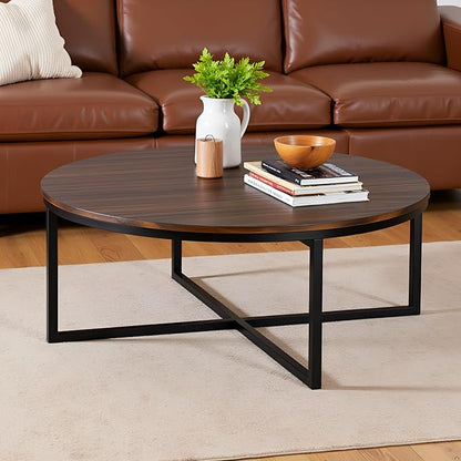 Alaterre Furniture Arcadia 42-Inch Round Acacia Wood Coffee Table – Industrial Living Room Table with Antiqued Mocha Finish and Metal Sled Legs – Ideal Centerpiece for Sectionals and Sofas