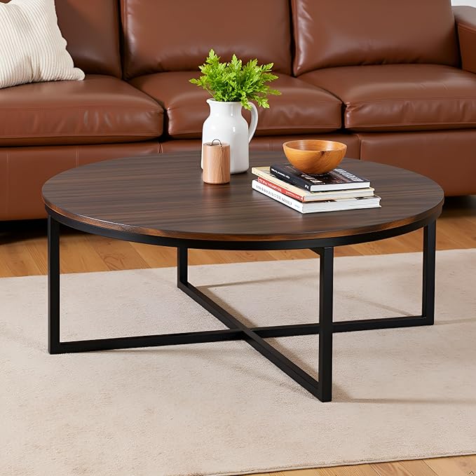 Alaterre Furniture Arcadia 42-Inch Round Acacia Wood Coffee Table – Industrial Living Room Table with Antiqued Mocha Finish and Metal Sled Legs – Ideal Centerpiece for Sectionals and Sofas