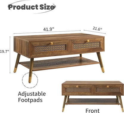 Mid Century Modern Coffee Table with Storage Drawers & Open Shelf, Solid Wooden Boho Rectangle Table with Metal Legs Designed for Living Room, Office, Lounge. Rustic Oak Color with Golden Decor