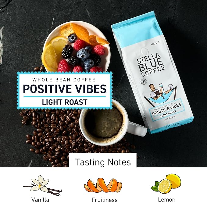 Stella Blue Whole Bean Coffee, Positive Vibes Blend, Light Roast Vanilla, Fruity Notes 100% Arabica Beans, Ethically Sourced from Central and South America, Smooth Balanced, 12oz Bag