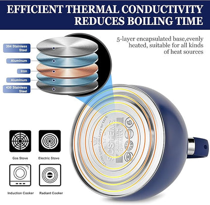 SUSTEAS Stove Top Whistling Tea Kettle - Food Grade Stainless Steel Teakettle Teapot with Cool Touch Ergonomic Handle, With 1 Silicone Pinch Mitt Included, 2.64 Quart,NAVY BLUE