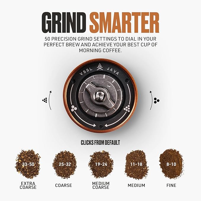 Java G25 Manual Coffee Grinder | Coffee for Camping | Bean Grinder | Travel Pour Over | Stainless Steel Conical Burr | ~ 25 Gram Capacity | Extendable Grind Handle | 50 Grind Settings | Carbon