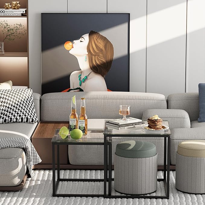 VILAWLENCE Coffee Table Set of 2, Modern Black Glass Side Table, Metal Frame Square End Table, Center Tables,Nesting Coffee Table for Living Room,Bedroom and Small Spaces