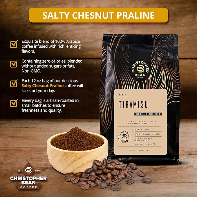 Christopher Bean Coffee - Certified Kosher - Decaf Ground Universal Drip Tiramisu Flavored Coffee with Medium Roast | Tiramisu Coffee No Sugar with 100% Arabica, No Fats, Non-GMO | 10-Ounce