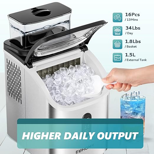 EUHOMY Ice Cube Maker Machine Countertop with External Water Tank, 34Lbs, 16Pcs Ready in 13 Mins, 2 Ways to Add Water, Auto-Cleaning, with Ice Scoop & Basket, for Home/Kitchen/Office/Bar (Silver)