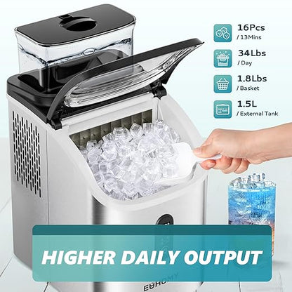 EUHOMY Ice Cube Maker Machine Countertop with External Water Tank, 34Lbs, 16Pcs Ready in 13 Mins, 2 Ways to Add Water, Auto-Cleaning, with Ice Scoop & Basket, for Home/Kitchen/Office/Bar (Silver)