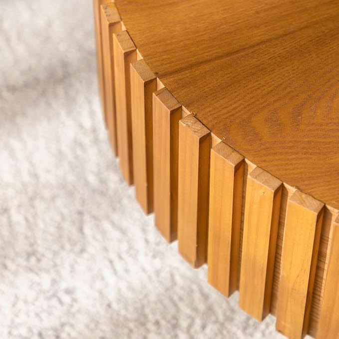 39.37 Inch Round Drum Coffee Table, Modern Handcraft Fluted Drum Coffee Table, Wooden Round Coffee Table Center Table with Sturdy Pedestal for Living Room Apartment (Wood Color)