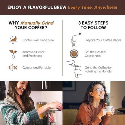 JavaPresse Manual Stainless Steel Coffee Grinder - 18 Adjustable Settings, Portable Conical Burr Grinder for Camping, Travel, Espresso - With Hand Crank