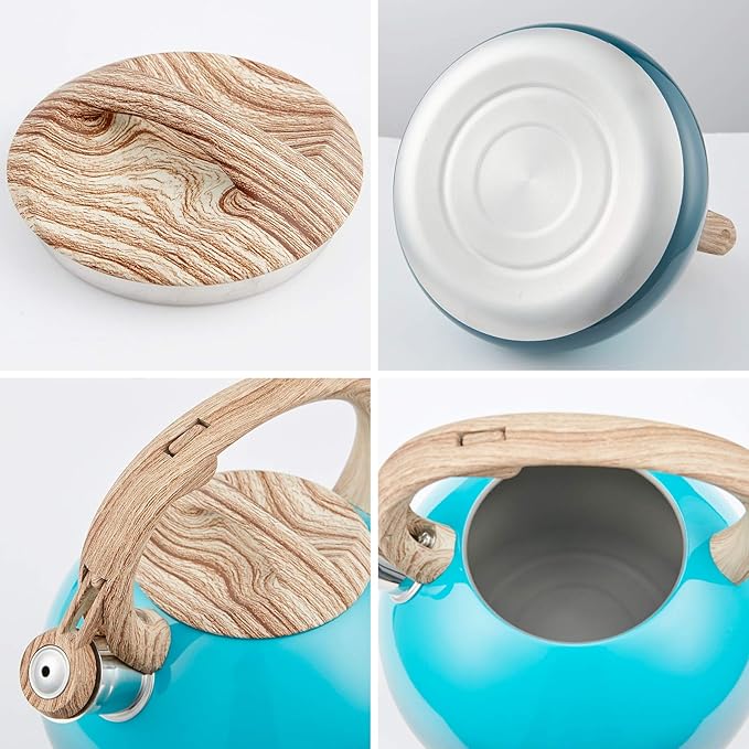 s-p Teapot Whistling Tea Kettle with Wood Pattern Handle Loud Whistle,Food Grade Stainless Steel Tea Pot for Stovetops Water Kettle(Blue)