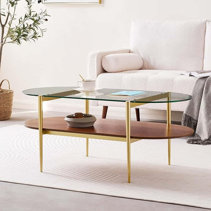 Oval Glass Coffee Table, Mid-Century Modern Design, L41 x W21 x H17 inch, for Living Room, 2-Tier Structure, Clear Glass Top and Walnut Finish Wood Shelf, Conical Legs with Gold Finish Frame