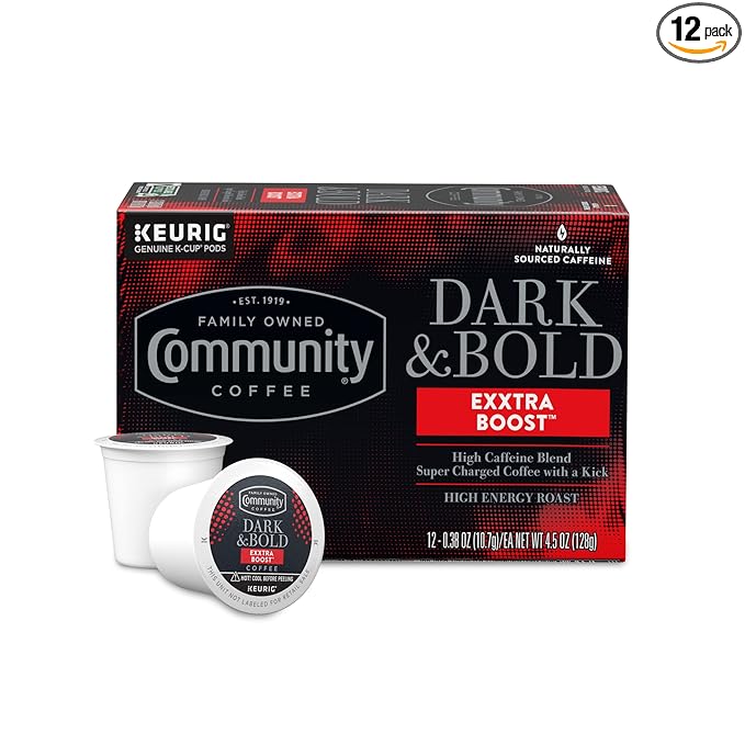 Community Coffee Dark & Bold Exxtra Boost 12 Count Coffee Pods, Compatible with Keurig 2.0 K-Cup Brewers, 12 Count (Pack of 1)