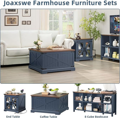 Farmhouse Coffee Table with Large Hidden Storage Compartment, Navy Blue Square Center Table, Wood Rustic Low Modern Living Room Tables with Hinged Lift Brown Top & Wooden Arc Base