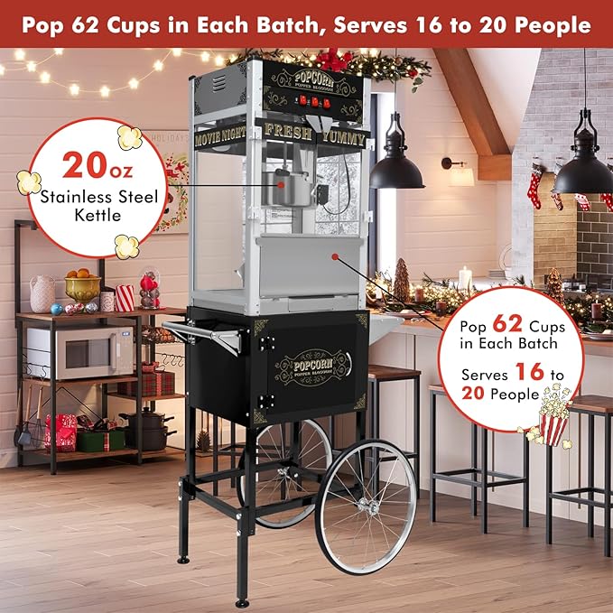 Commercial Popcorn Machine with Cart, Wheels & 20 Oz Kettle, Popcorn Maker Machine Vintage Style Movie Theater Popcorn Popper Machine for Parties, Events, Commercial, and Home Theater