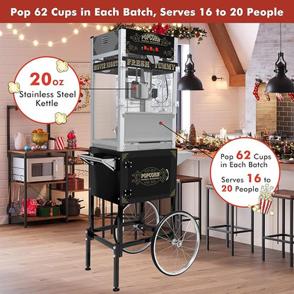 Commercial Popcorn Machine with Cart, Wheels & 20 Oz Kettle, Popcorn Maker Machine Vintage Style Movie Theater Popcorn Popper Machine for Parties, Events, Commercial, and Home Theater