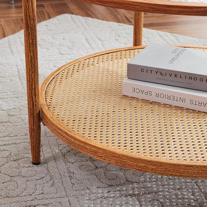 VINGLI 30" Rattan Coffee Table, Round Water-Wave Glass Metal Center Table, Modern Coffee Table with 2-Tier Storage, Farmhouse Circular Coffee Tables for Living Room and Small Space, Natural Vibe