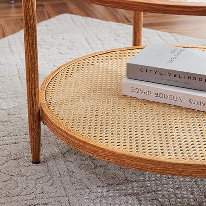VINGLI 30" Rattan Coffee Table, Round Water-Wave Glass Metal Center Table, Modern Coffee Table with 2-Tier Storage, Farmhouse Circular Coffee Tables for Living Room and Small Space, Natural Vibe