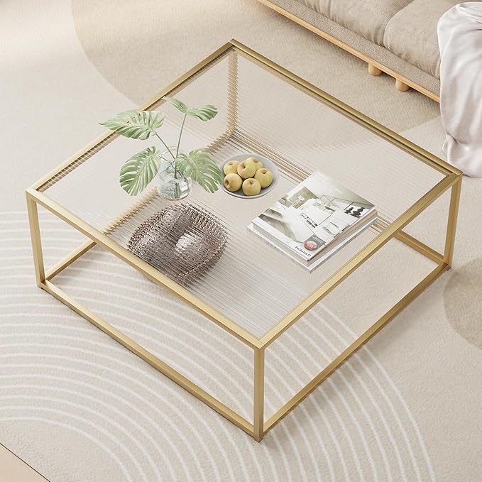 Glass Coffee Table Modern Center Table,Minimalist Coffee Table Sofa Side Tea Table for Living Room,Tempered Glass-top with Sturdy Metal Frame, Easy Assembly,26.4 x 26.4 x 15.7 Inches, Gold