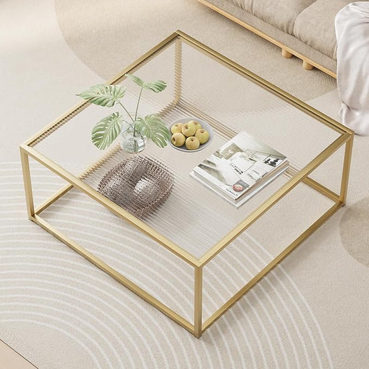 Glass Coffee Table Modern Center Table,Minimalist Coffee Table Sofa Side Tea Table for Living Room,Tempered Glass-top with Sturdy Metal Frame, Easy Assembly,26.4 x 26.4 x 15.7 Inches, Gold