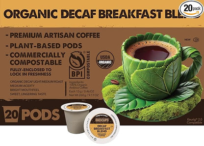 Ekocups Decaf Organic Breakfast Blend Coffee Pods - Swiss Water Process, Light Roast, Compostable, Plant-Based & Freshness-Sealed - Keurig Compatible, 20ct