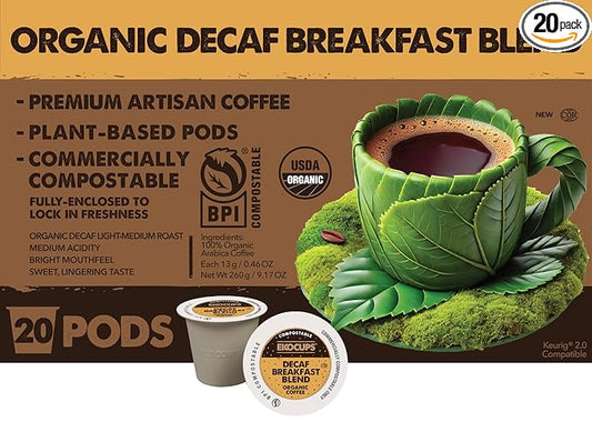 Ekocups Decaf Organic Breakfast Blend Coffee Pods - Swiss Water Process, Light Roast, Compostable, Plant-Based & Freshness-Sealed - Keurig Compatible, 20ct
