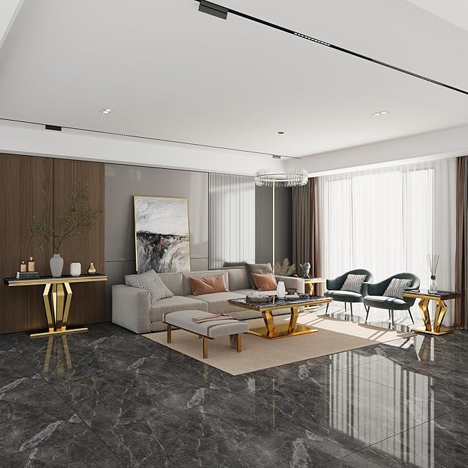 2 Piece Coffee Table Set, Black and Gold Living Room Table Set with 48 inch Coffee Table and 1 Square End Table, Luxury Living Room Coffee Table Set for Home Apartment Office