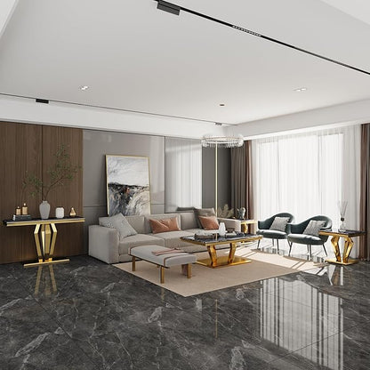 2 Piece Coffee Table Set, Black and Gold Living Room Table Set with 48 inch Coffee Table and 1 Square End Table, Luxury Living Room Coffee Table Set for Home Apartment Office