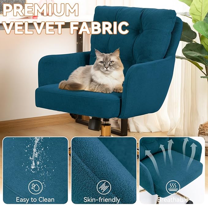 Flannel Office Chair, Comfy Home Office Desk Chairs with Lumbar Support, Modern Velvet Desk Chair Gold Legs Small Swivel Task Chair for Home Office, Bedroom, Study (Blue, L)