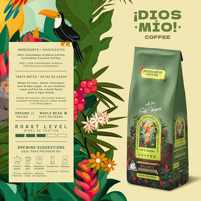 Dios Mio Coffee by Sofia Vergara, Medium Roast, Whole Bean Premium Colombian Coffee, 12 Ounce Bag