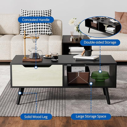 Cozy Castle Modern Coffee Table, Wooden Cocktail Table with Storage, Minimalist Hallway Table, Mid Century Modern Coffee Table for Living Room Apartment Reception, Black