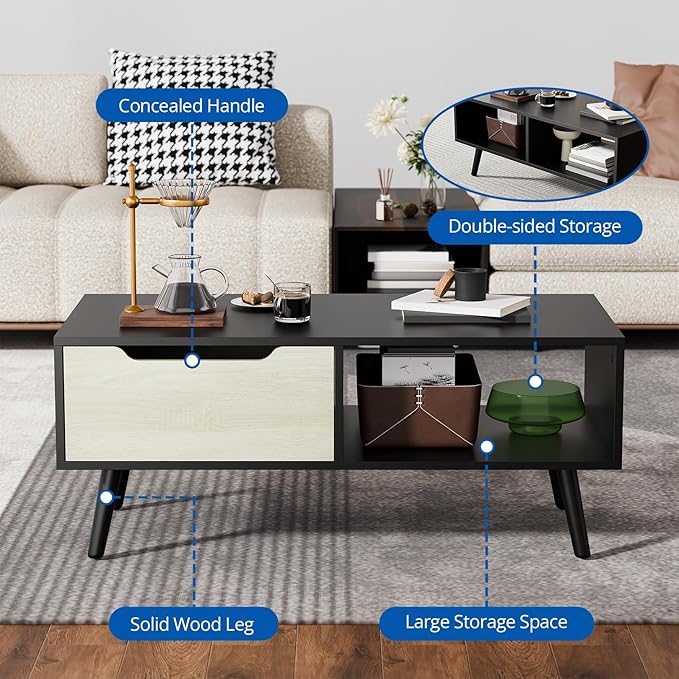 Cozy Castle Modern Coffee Table, Wooden Cocktail Table with Storage, Minimalist Hallway Table, Mid Century Modern Coffee Table for Living Room Apartment Reception, Black