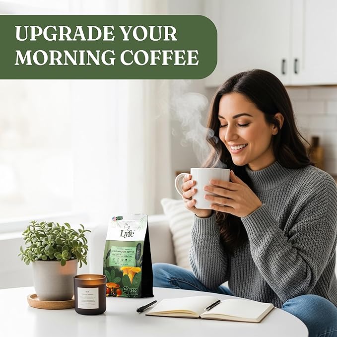 LYFE Organic Instant Mushroom Coffee – Lion’s Mane, Chaga, Cordyceps, Turkey Tail | USA Grown Adaptogenic Mushrooms for Better Energy, Focus, Gut Health, Immunity – 40 Servings