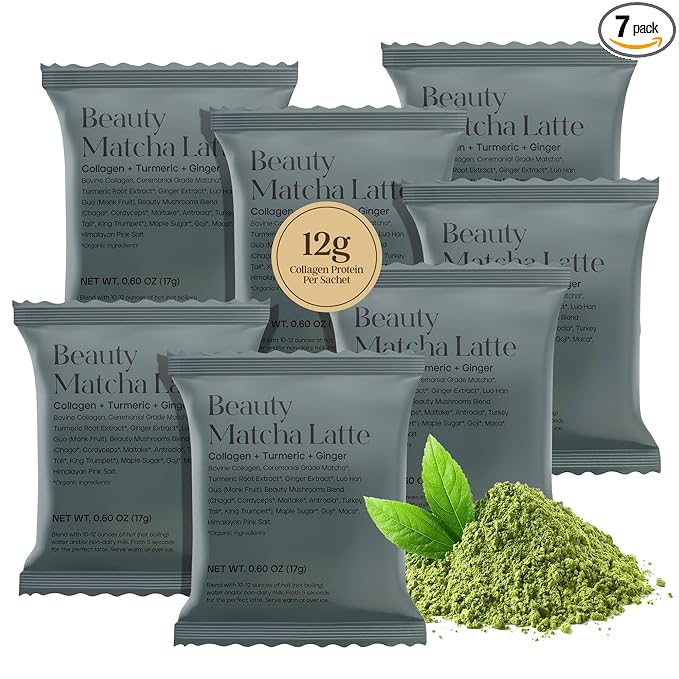 Kroma’s Beauty Matcha Latte Powder 0.60 Oz, 17g, 7 Servings – Collagen Ceremonial Grade Matcha Green Tea with Protein for Glowing Skin & Hair Support w/ Bovine Collagen, Ginger & Turmeric - Premium Matcha Powder w/ Adaptogenic Mushrooms
