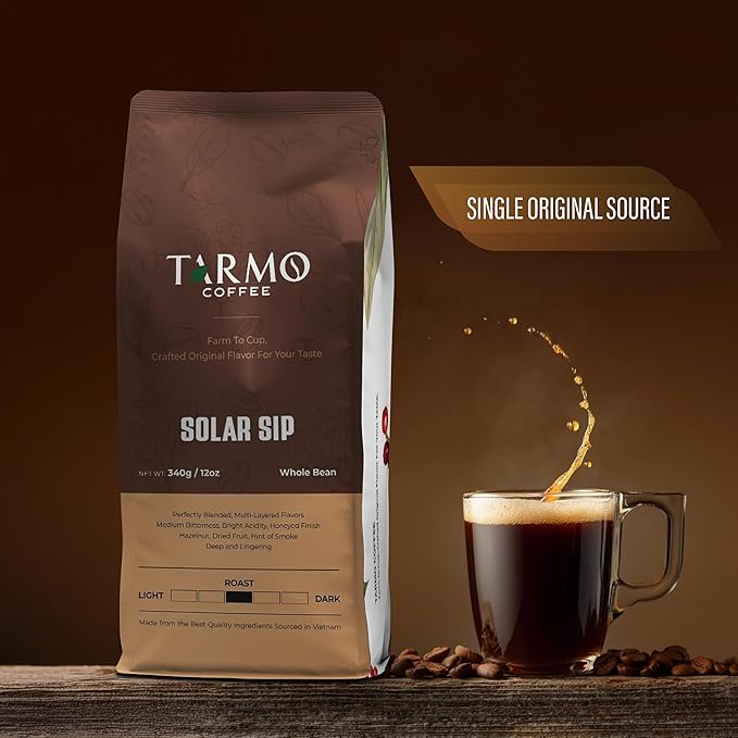 TARMO - SOLAR SIP | Low Acid 100% ARABICA Whole Bean Coffee | Specialty Vietnamese Coffee | Single Origin Dark Roast Coffee Beans | 12 Oz Bag