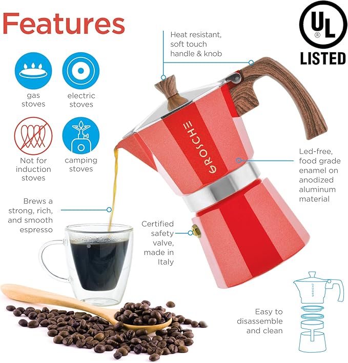 GROSCHE Milano Stovetop Espresso Maker Moka Pot 3 espresso Cup - 5oz, Red - Cuban Coffee Maker Stove top coffee maker Moka Italian espresso greca coffee maker brewer percolator