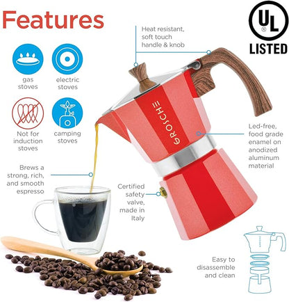 GROSCHE Milano Stovetop Espresso Maker Moka Pot 9 espresso Cup, 15.2 oz, Red - Cuban Coffee Maker Stove top coffee maker Moka Italian espresso greca coffee maker brewer percolator