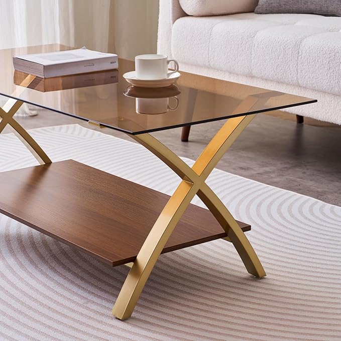 Coffee Table for Living Room and Bedroom, 2-Tier Mid-Century Modern Table with Amber Tempered Glass Top and Walnut Finish Wood Shelf, Strong Metal Legs with Gold Finish