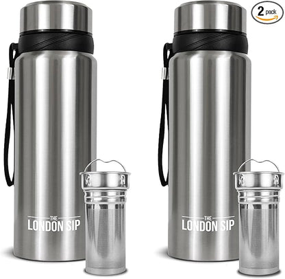 London Sip 25 oz Multi-Function Travel Mug and Tumbler Tea Infuser Water Bottle Fruit Infuser Flask Hot and Cold Double Wall Stainless Steel Coffee Thermos, Cosmic Silver, Pack of 2