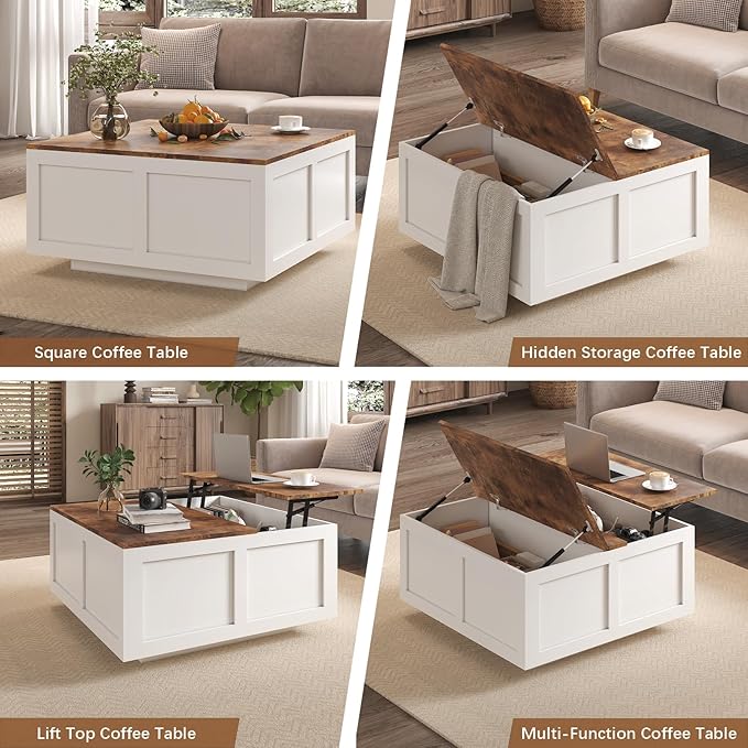 Lift Top Coffee Table with Storage, 31.5" Square White Coffee Table with Large Hidden Storage, Wood Living Room Table Center Table for Living Room Dining Reception Room