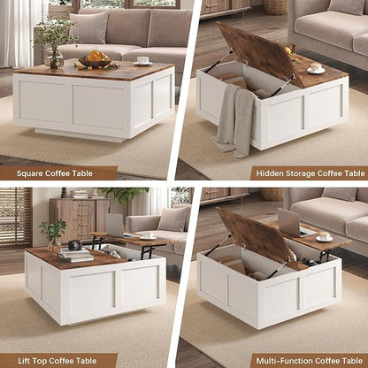 Lift Top Coffee Table with Storage, 31.5" Square White Coffee Table with Large Hidden Storage, Wood Living Room Table Center Table for Living Room Dining Reception Room