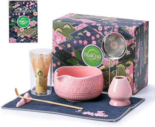 Matcha Whisk Set, 7 Pcs Pink Ceramic & Bamboo Matcha Kit with Bowl, Whisk, Holder, Scoop, Rest, Sifter, Tea Towel