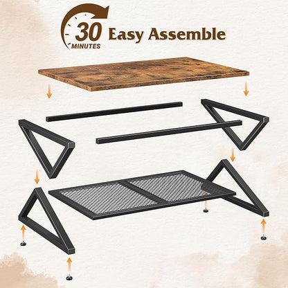 EnHomee Coffee Table with Storage, Modern Coffee Tables for Living Room with Mesh Shelf, 2 Tier Rectangular Center Table for Living Room, Bedroom, 39.4 Inch, Rustic Brown