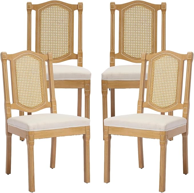 Vintage French Country Dining Chairs Set of 4, Rattan Dining Chairs with a Designer Backrest, Beige 4 Dining Chair Set, Sillas para Comedor, Kitchen & Dining Room Chair (Beige, Rattan, 4Pcs)