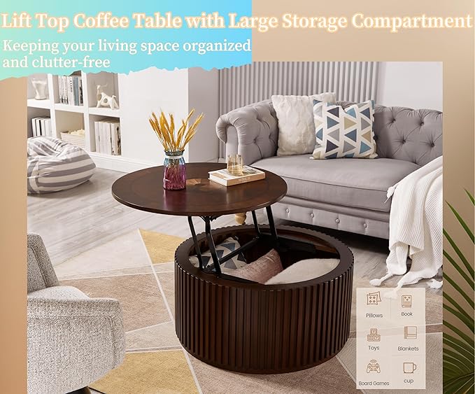 Round Coffee Table for Living Room, Lift Top Coffee Table with Large Storage Compartment, Wood Center Table for Office, No Need Assembly (31x31x16 in)